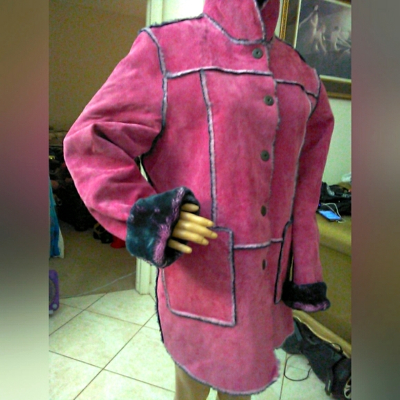 VINTAGE Newport News Pink Leather Suede Jacket W/ Faux Fur (CRAZY GORGEOUS) XL - Picture 8 of 16